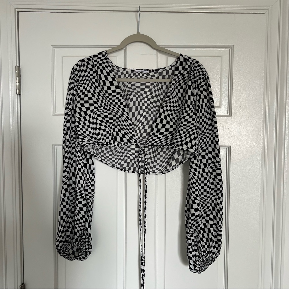 Checked Crop Tie Blouse